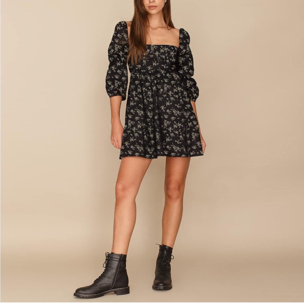 Black Floral Square-Neck Mini Dress with Puff Sleeves